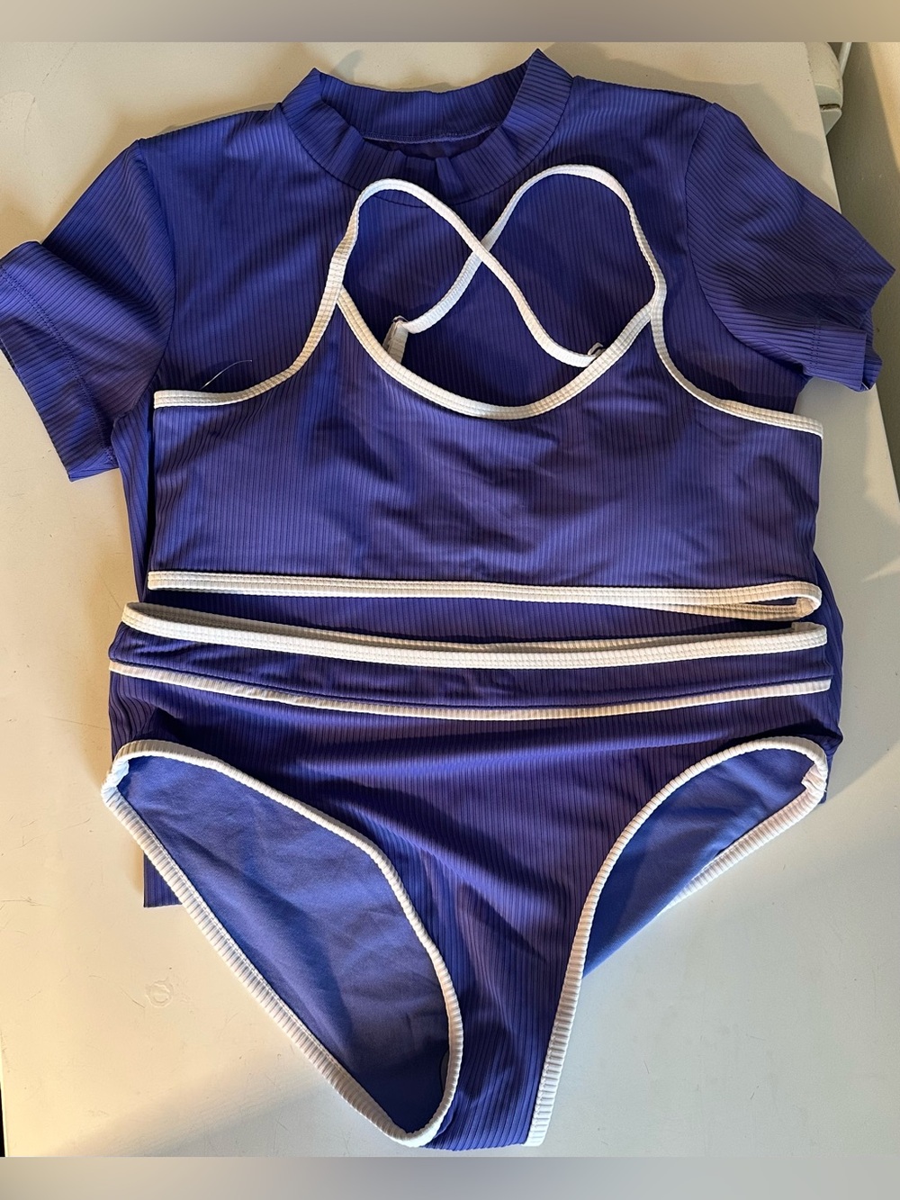 Purple Ribbed Two-Piece Bikini Set with White Trim